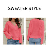 Pink-Womens-Deep-V-Neck-Wrap-Sweaters-Long-Sleeve-Crochet-Knit-Pullover-Tops-K587-Detail