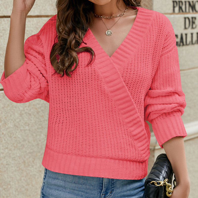 Pink-Womens-Deep-V-Neck-Wrap-Sweaters-Long-Sleeve-Crochet-Knit-Pullover-Tops-K587