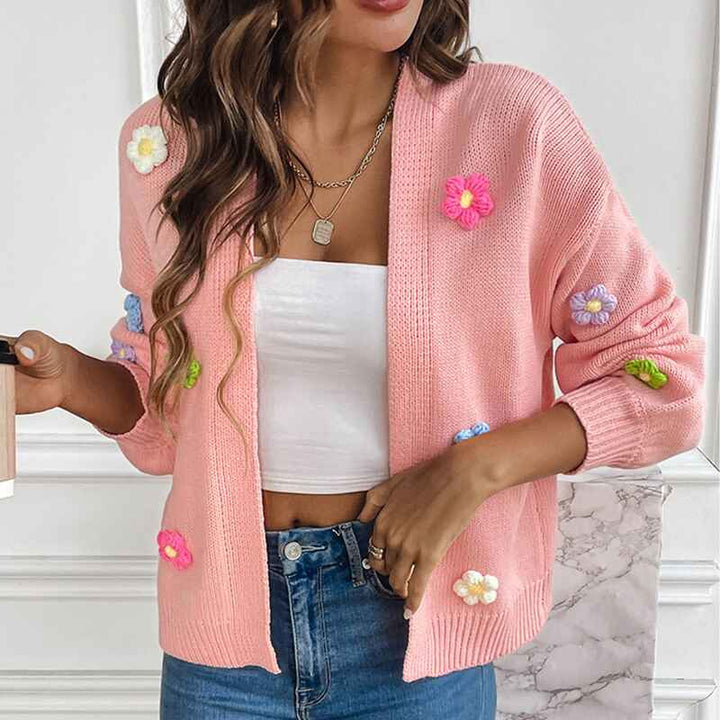 Pink-Womens-Floral-Appliques-Drop-Shoulder-Long-Sleeve-Open-Front-Knit-Cardigan-K630