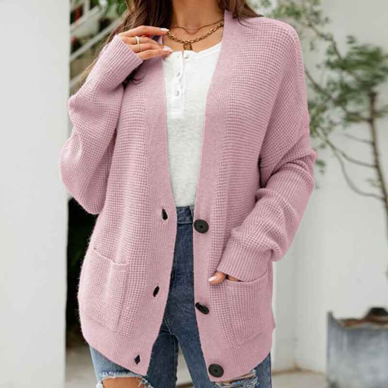Pink-Womens-Long-Sleeve-Soft-Solid-Color-Basic-Knit-Cardigan-Sweater-K590