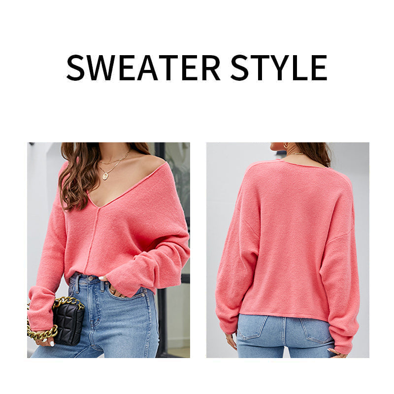 Pink-Womens-Sexy-V-Neck-Pullover-Sweaters-Casual-Long-Sleeve-Knitted-Crop-Jumpers-Tops-K588-Detail