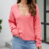 Pink-Womens-Sexy-V-Neck-Pullover-Sweaters-Casual-Long-Sleeve-Knitted-Crop-Jumpers-Tops-K588