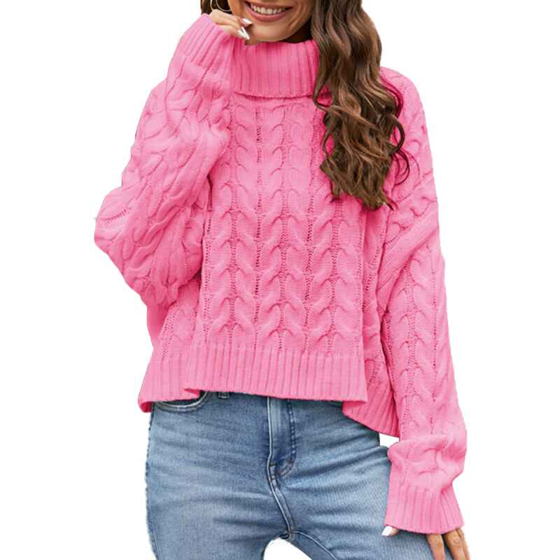Pink-Womens-Turtleneck-Long-Sleeve-Cable-Knit-Sweaters-K603