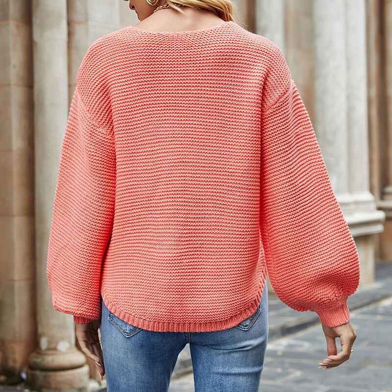Pink-Womens-round-neck-pullover-sweater-classic-solid-color-loose-lazy-style-sweater-k638-Back