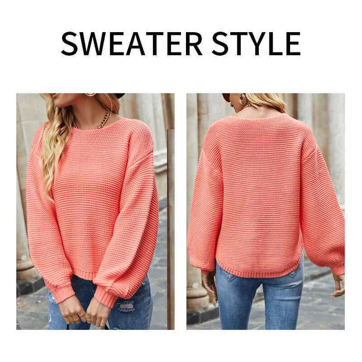 Pink-Womens-round-neck-pullover-sweater-classic-solid-color-loose-lazy-style-sweater-k638-Detail
