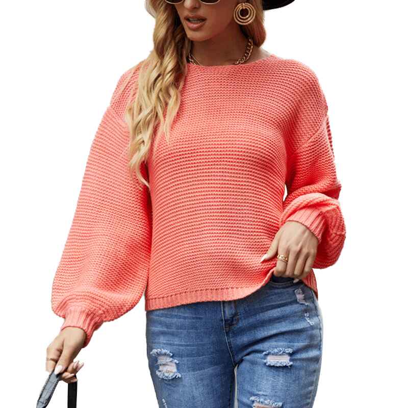     Pink-Womens-round-neck-pullover-sweater-classic-solid-color-loose-lazy-style-sweater-k638