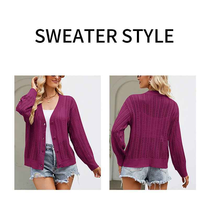 Purple-Cropped-Cardigan-Sweaters-for-Women-Long-Sleeve-Crochet-Knit-Shrug-Open-Front-V-Neck-Button-up-Tops-K592-Detail