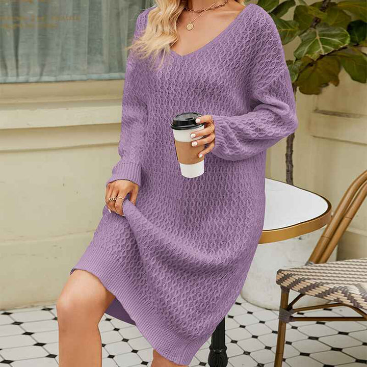 Purple-Womens-Cable-Knit-Short-V-Neck-Sweater-Dress-Soild-K575