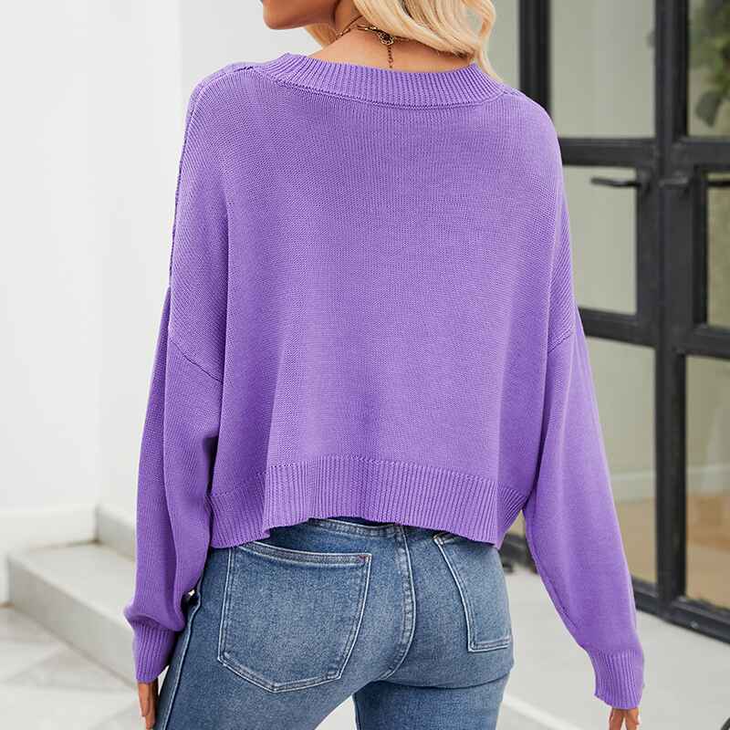Purple-Womens-Long-Sleeve-Button-Down-Classic-Sweater-Knit-Cardigan-K573-Back