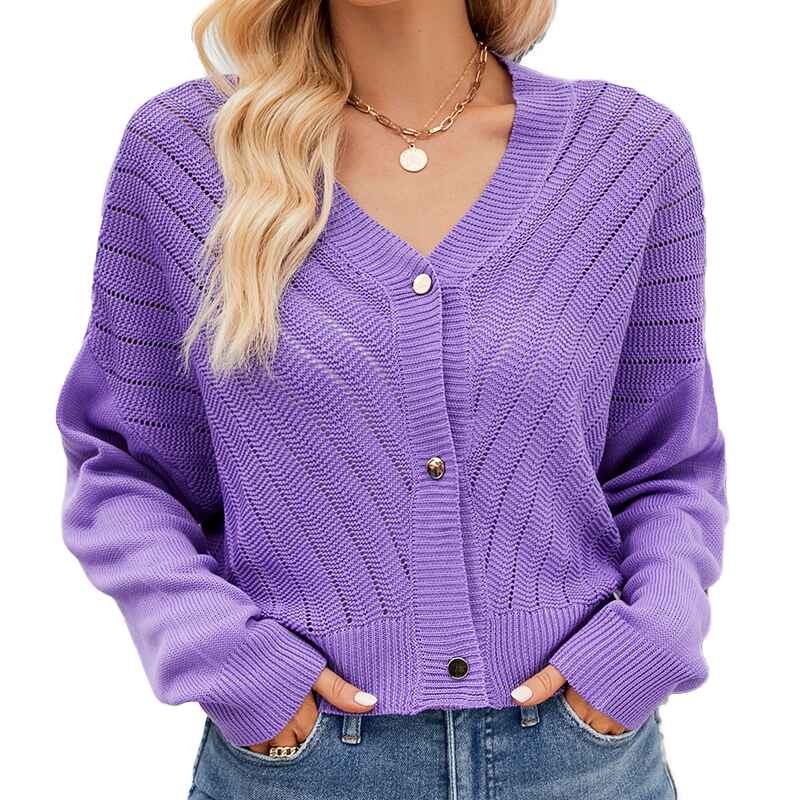 Purple-Womens-Long-Sleeve-Button-Down-Classic-Sweater-Knit-Cardigan-K573-Front