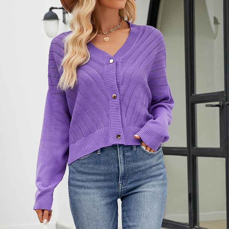 Purple-Womens-Long-Sleeve-Button-Down-Classic-Sweater-Knit-Cardigan-K573