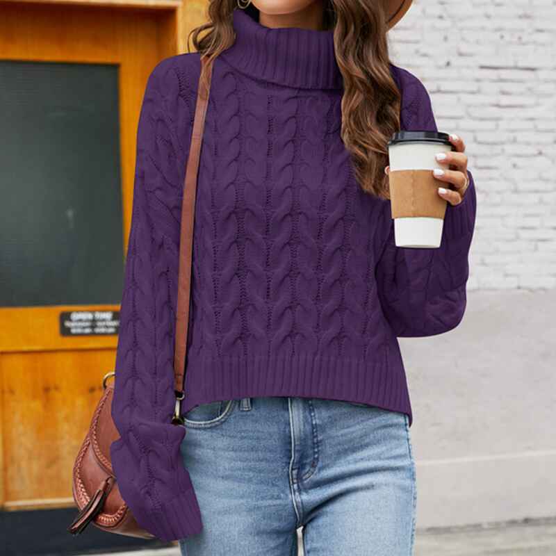 Purple-Womens-Turtleneck-Long-Sleeve-Cable-Knit-Sweaters-K603