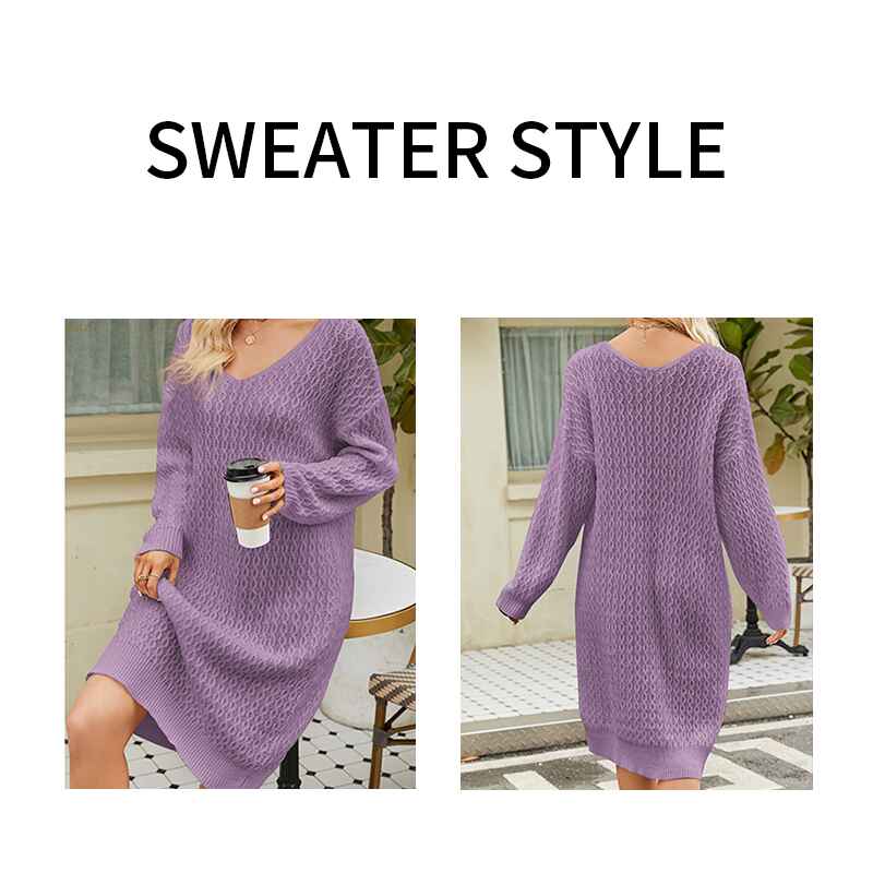 Purple-Womens-V-Neck-Elasticity-Slim-Dress-Chunky-Cable-Knit-Pullover-Sweaters-Jumper-K586-Detail