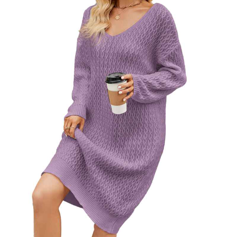 Purple-Womens-V-Neck-Elasticity-Slim-Dress-Chunky-Cable-Knit-Pullover-Sweaters-Jumper-K586