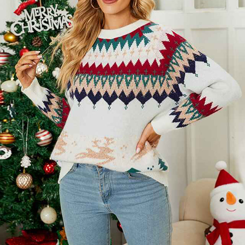 Red-Womens-Christmas-Reindeer-Xmas-Snowflake-Patterns-Knitted-Sweater-Long-Sleeve-Elk-Floral-Printed-Pullover-K480-Beige