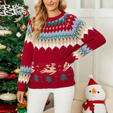 Red-Womens-Christmas-Reindeer-Xmas-Snowflake-Patterns-Knitted-Sweater-Long-Sleeve-Elk-Floral-Printed-Pullover-K480-Front