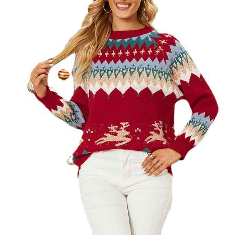Red-Womens-Christmas-Reindeer-Xmas-Snowflake-Patterns-Knitted-Sweater-Long-Sleeve-Elk-Floral-Printed-Pullover-K480