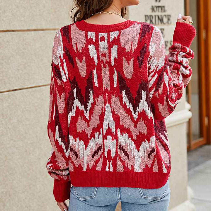 Red-Womens-Pullover-Sweaters-Long-Sleeve-Print-Knitted-Crew-Neck-Sweater-Tops-K643-Back