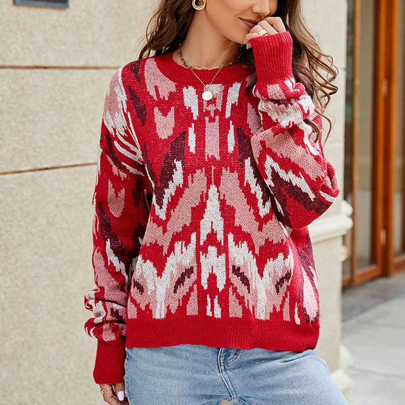 Red-Womens-Pullover-Sweaters-Long-Sleeve-Print-Knitted-Crew-Neck-Sweater-Tops-K643-Front-2