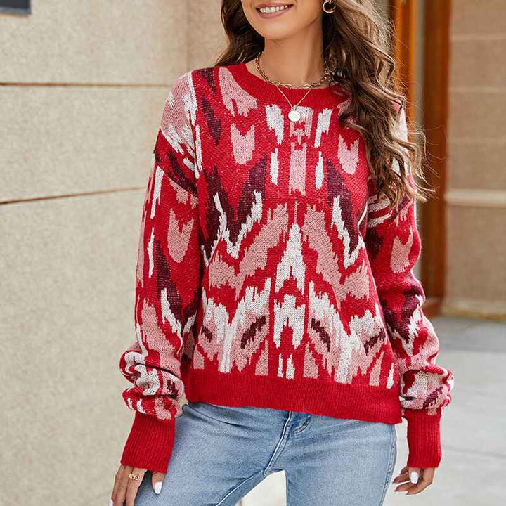 Red-Womens-Pullover-Sweaters-Long-Sleeve-Print-Knitted-Crew-Neck-Sweater-Tops-K643-Front