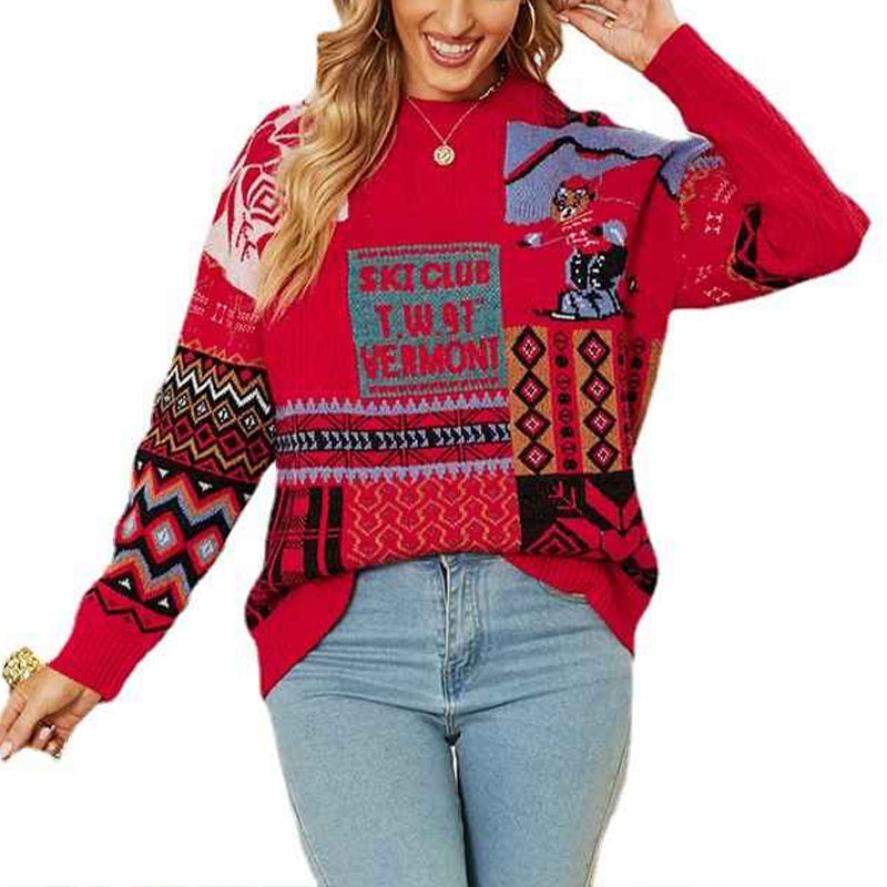 Red-Womens-Ugly-Christmas-Sweater-Novelty-Print-Crew-Neck-Sweater-K485-Front