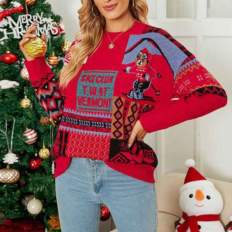 Red-Womens-Ugly-Christmas-Sweater-Novelty-Print-Crew-Neck-Sweater-K485