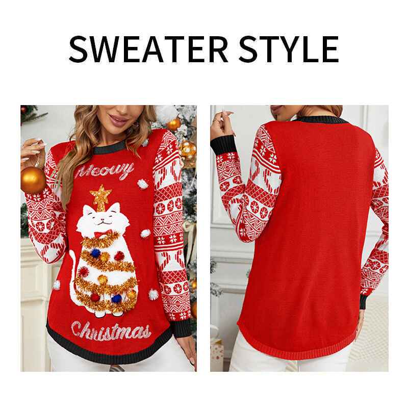 Red-Womens-jacquard-pullover-Christmas-sweater-cartoon-kitten-embroidered-round-neck-sweater-k634-Detail