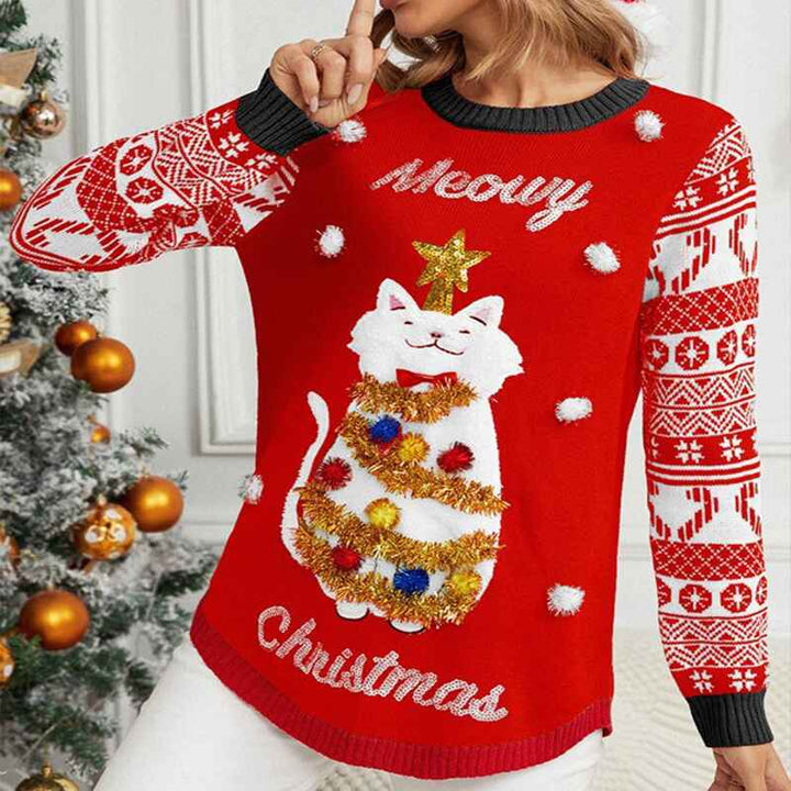 Red-Womens-jacquard-pullover-Christmas-sweater-cartoon-kitten-embroidered-round-neck-sweater-k634-Front
