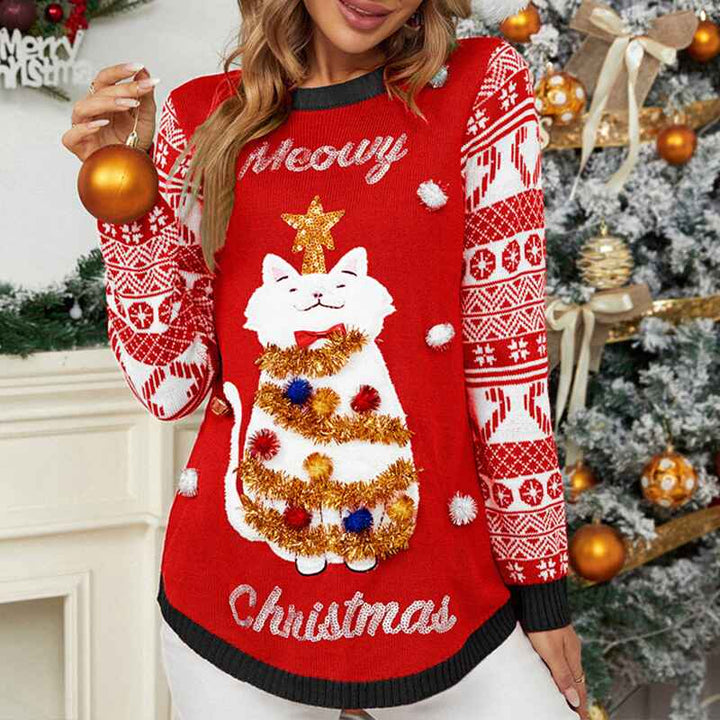 Red-Womens-jacquard-pullover-Christmas-sweater-cartoon-kitten-embroidered-round-neck-sweater-k634