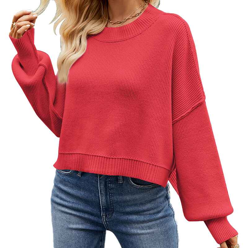 Watermelon-Red-Women-Crewneck-Batwing-Sleeve-Oversized-Side-Slit-Ribbed-Knit-Pullover-Sweater-Top-K576