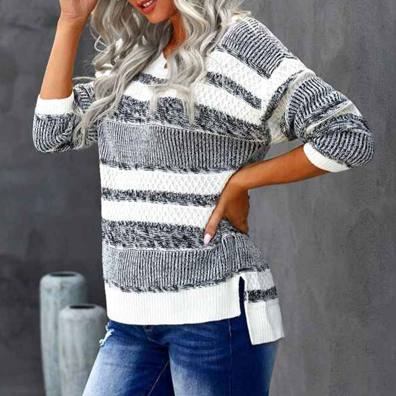 White-Color-Block-Sweater-for-Women-Long-Sleeve-Round-Neck-Striped-Stitching-Casual-Loose-Knitted-Pullover-Tops-K176-Side