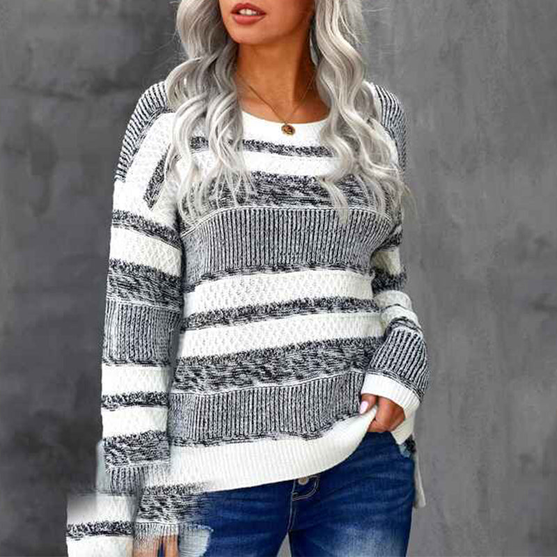 White-Color-Block-Sweater-for-Women-Long-Sleeve-Round-Neck-Striped-Stitching-Casual-Loose-Knitted-Pullover-Tops-K176