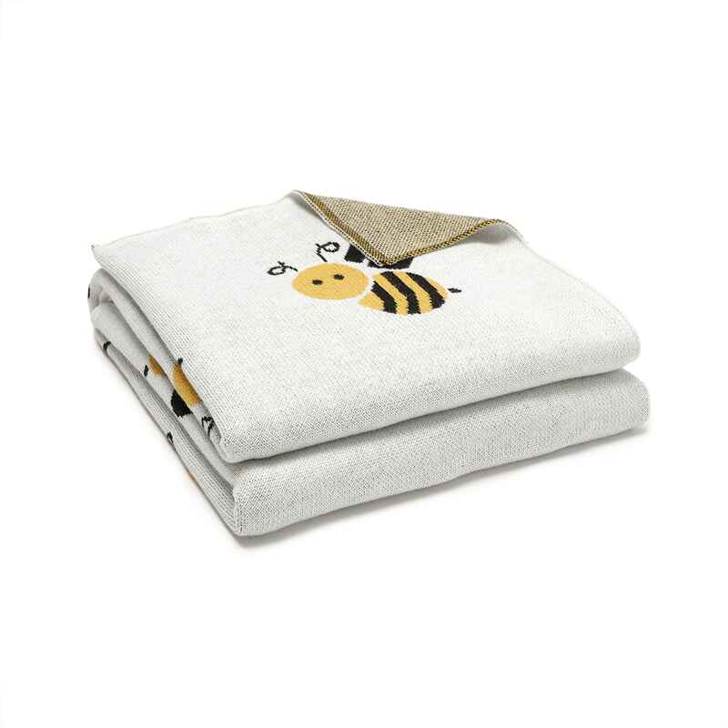     White-Knit-Blanket-Baby-Nursery-Swaddle-Super-Soft-Breathable-Cotton-cute-bee-pattern-A085
