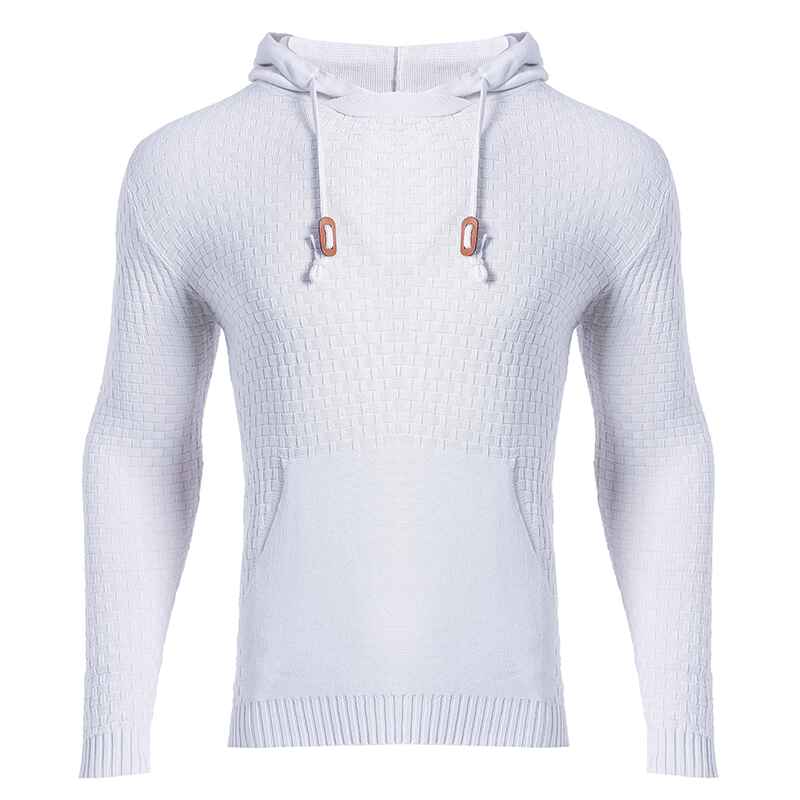 White-Mens-Casual-Slightly-Stretch-Cotton-Blend-Drawstring-Pullover-Kangaroo-Pocket-Hooded-Knitted-Sweater-G095-Front