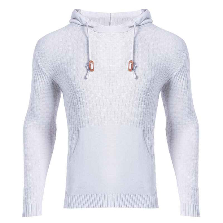 White-Mens-Casual-Slightly-Stretch-Cotton-Blend-Drawstring-Pullover-Kangaroo-Pocket-Hooded-Knitted-Sweater-G095-Front