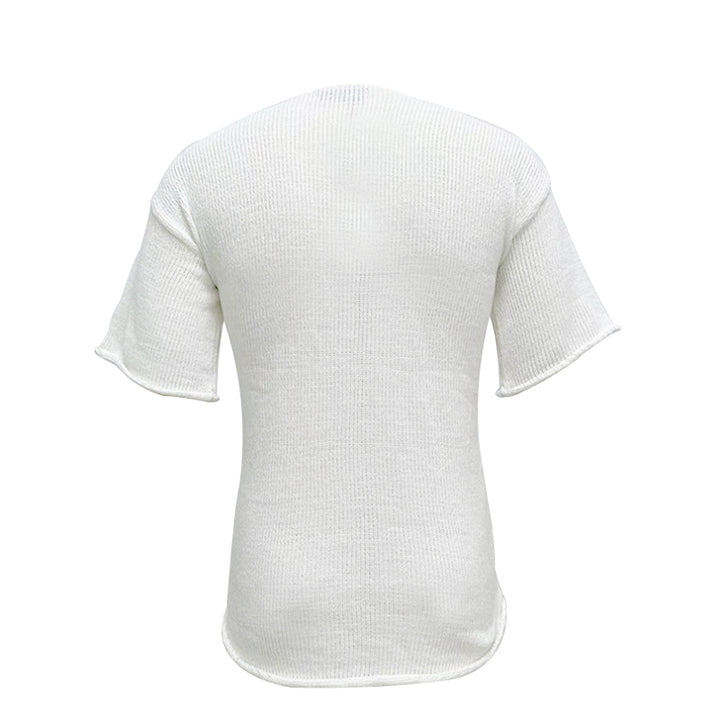 White-Mens-Solid-V-Neck-Short-Sleeve-Vertical-stripes-loose-Sport-Knit-Sweater-Pullover-G085-Back