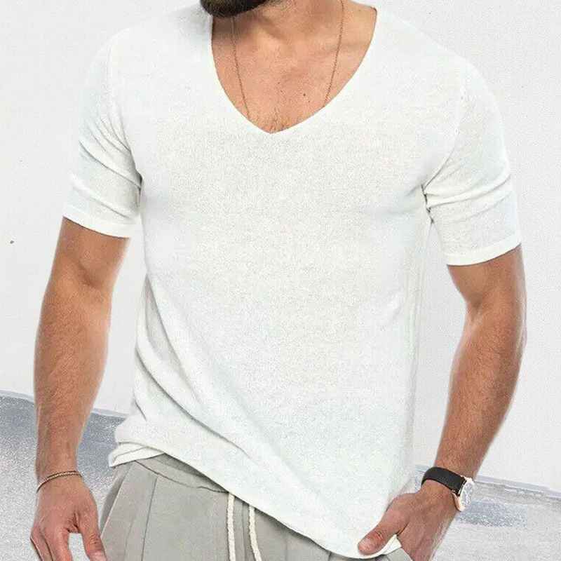 White-Mens-Summer-Short-Sleeve-Knitwear-Solid-Color-Slim-Fit-T-Shirt-Top-G087