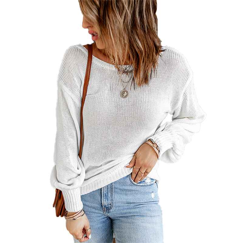 White-New-style-back-hollow-tie-knitted-sweater-loose-round-neck-drop-shoulder-long-sleeve-top-K569-Front
