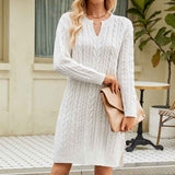 White-Women-Casual-V-Neck-Knitted-Sweater-Dress-Long-Sleeve-Loose-Solid-Color-Hem-Slit-Sweater-Dresses-K577-Front-2