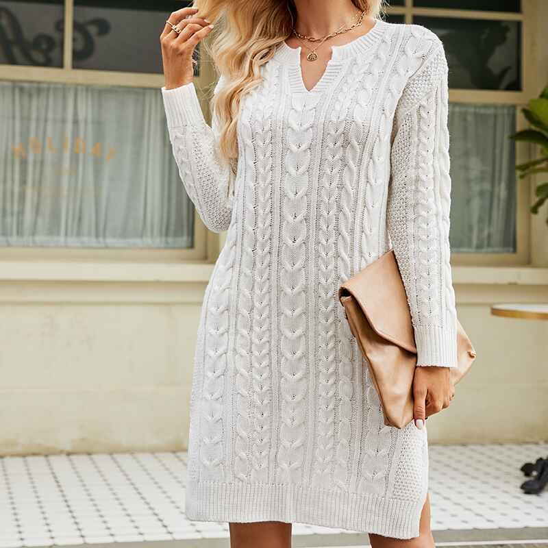 White-Women-Casual-V-Neck-Knitted-Sweater-Dress-Long-Sleeve-Loose-Solid-Color-Hem-Slit-Sweater-Dresses-K577-Front-3