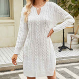 White-Women-Casual-V-Neck-Knitted-Sweater-Dress-Long-Sleeve-Loose-Solid-Color-Hem-Slit-Sweater-Dresses-K577