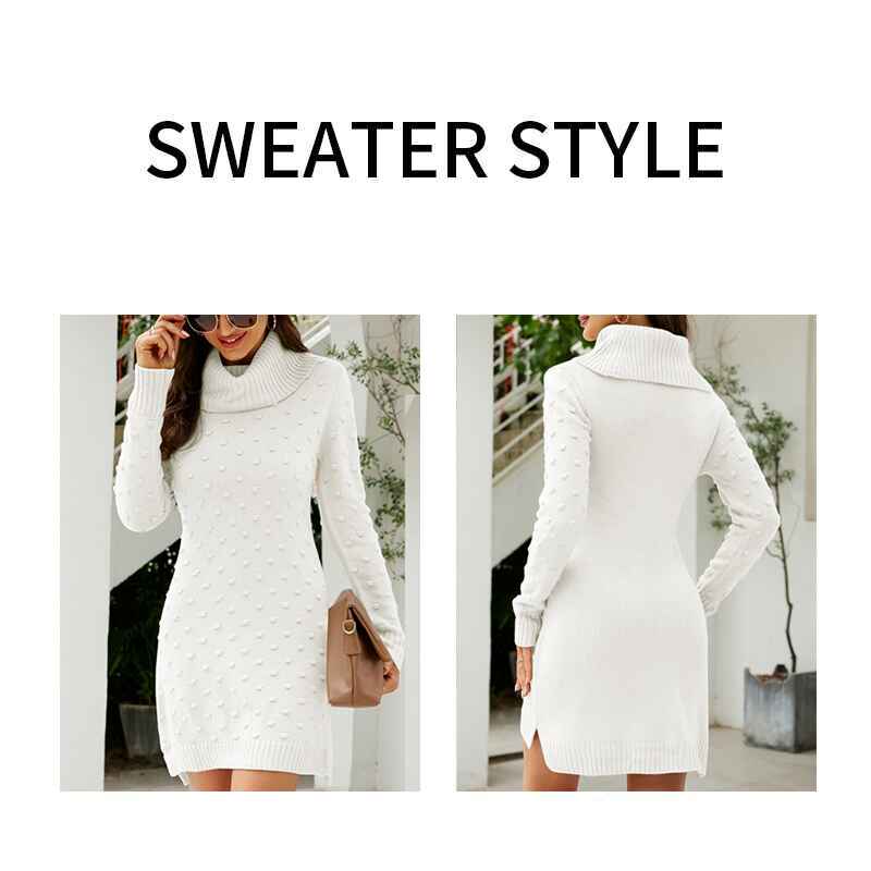 White-Women-Turtleneck-Long-Sleeve-Knit-Pullover-Sweater-Bodycon-Mini-Dress-K606-Detail
