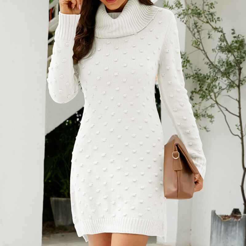 White-Women-Turtleneck-Long-Sleeve-Knit-Pullover-Sweater-Bodycon-Mini-Dress-K606