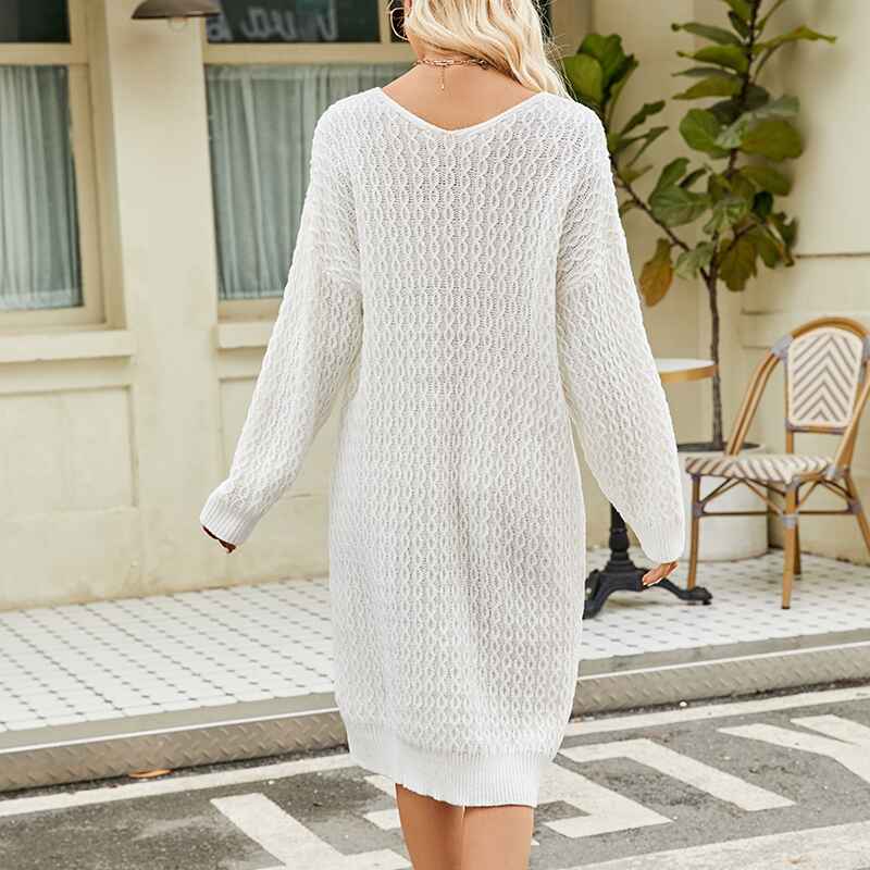 White-Womens-Cable-Knit-Short-V-Neck-Sweater-Dress-Soild-K575-Back