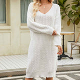 White-Womens-Cable-Knit-Short-V-Neck-Sweater-Dress-Soild-K575-Front-1