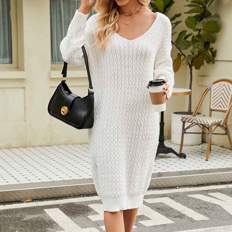 White-Womens-Cable-Knit-Short-V-Neck-Sweater-Dress-Soild-K575-Front