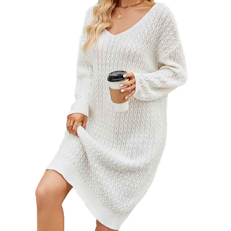 White-Womens-Cable-Knit-Short-V-Neck-Sweater-Dress-Soild-K575
