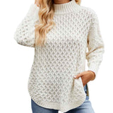 White-Womens-Casual-Fall-Waffle-Knit-Sweater-Long-Balloon-Sleeve-Loose-Pullover-Jumper-K602-Front