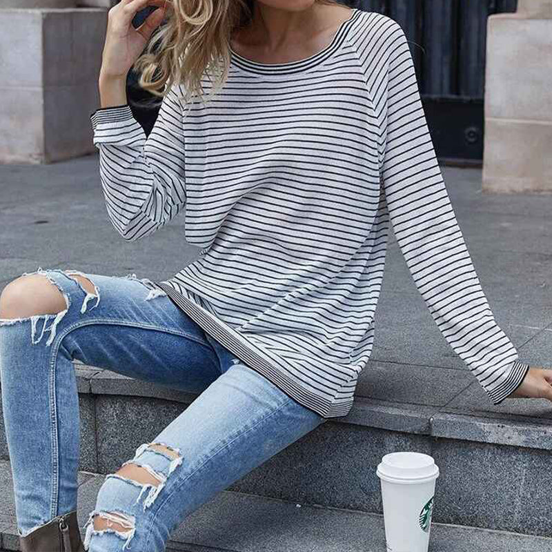 White-Womens-Casual-Striped-Tee-Shirt-Long-Sleeve-Round-Neck-Knit-Sweater-Top-K337-front-2