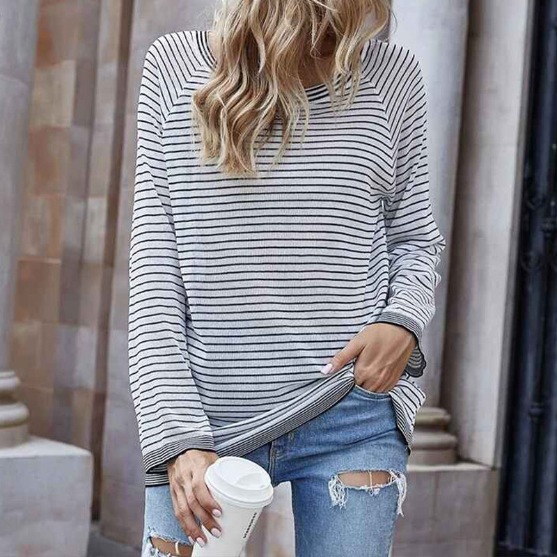 White-Womens-Casual-Striped-Tee-Shirt-Long-Sleeve-Round-Neck-Knit-Sweater-Top-K337-front-3